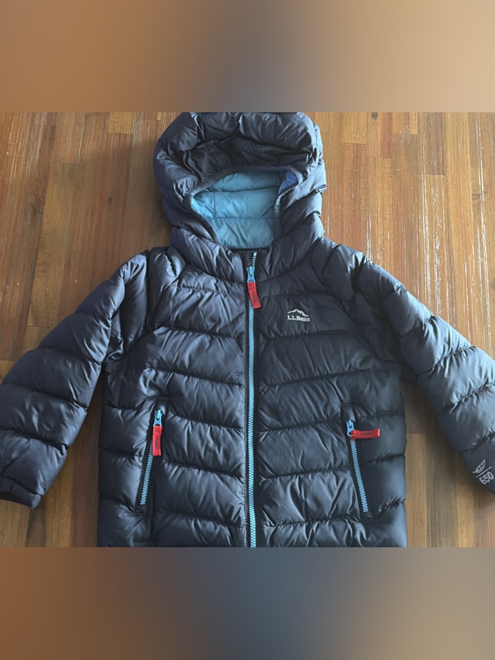 L.L. Bean Kids Navy Hooded Puffer Jacket with Light Blue Lining